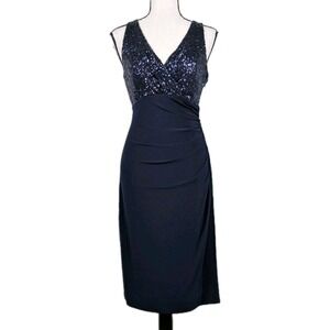 Ralph Lauren Navy Sequined V-Neck Midi Size 8 Sheath Dress Party Gala Glam 2994